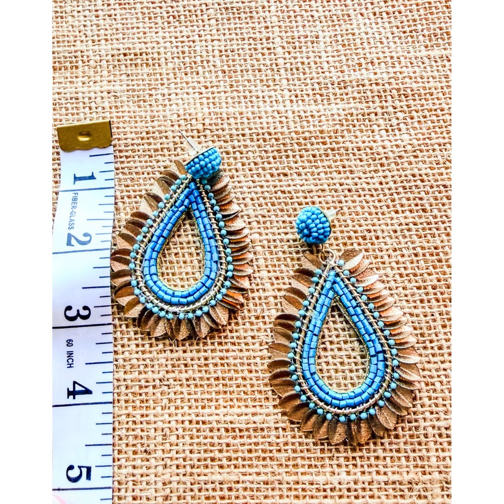 Boho Blue Beaded Teardrop Dangle Earrings Bronze Scalloped Trim Jewelry - Picture 2 of 2